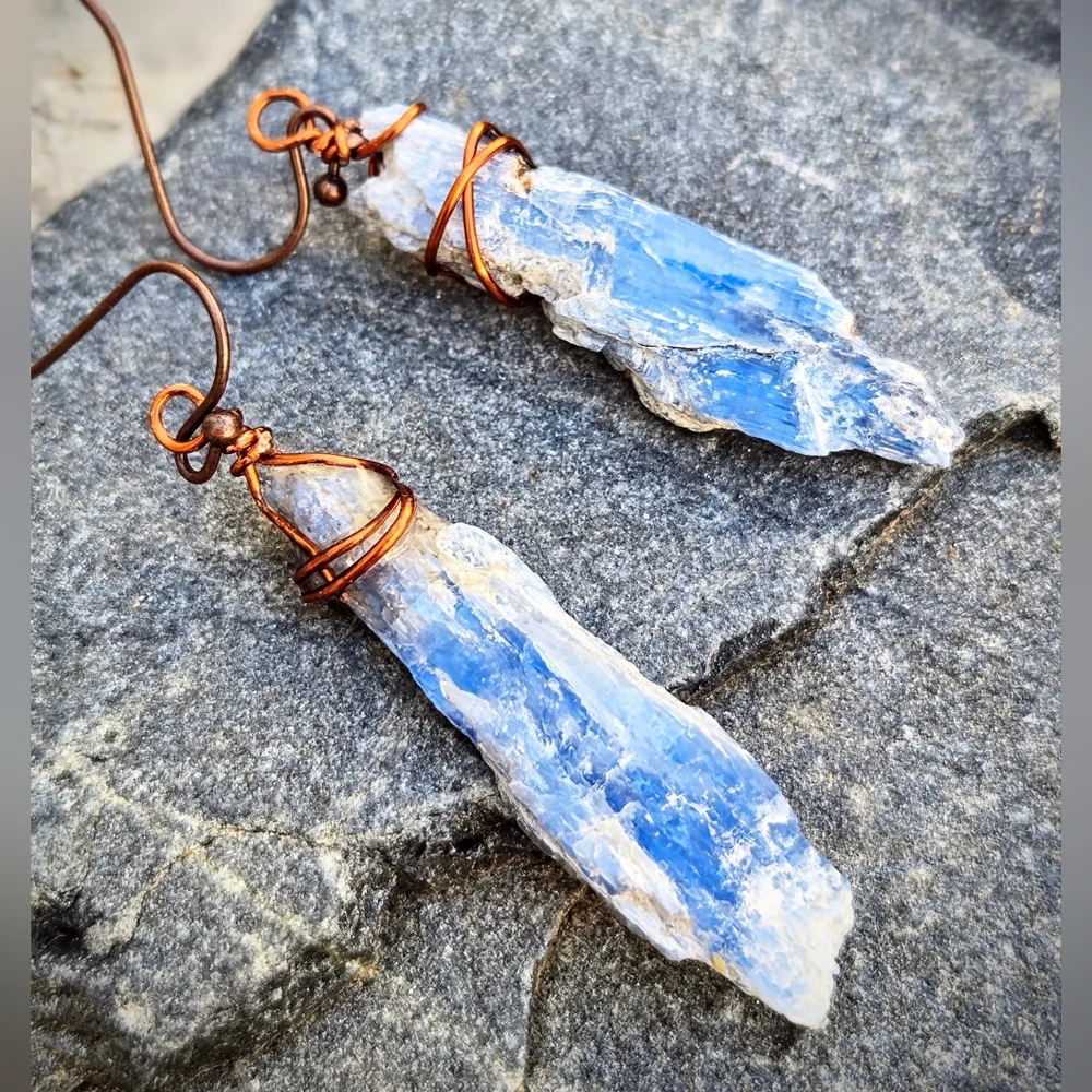 Natural Raw Blue Kyanite Blades Wrapped In Copper In Neolithic Style Earrings